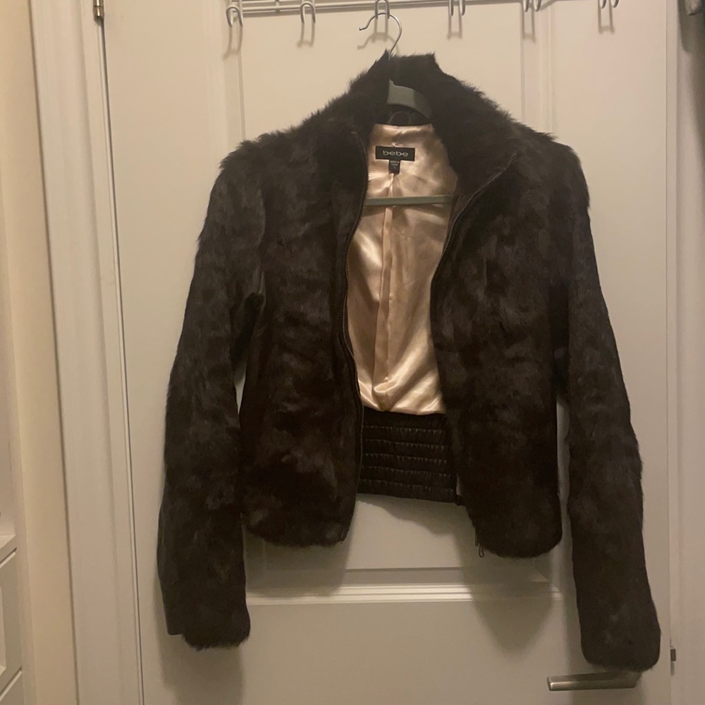 Brown Vintage BEBE Rabbit Fur Coat Woman Size Small